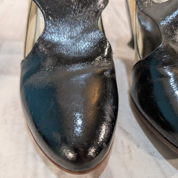 John Fluevog Blind Faith T-Strap Heels Black & Tan Women Size 8 - Picture 4 of 14